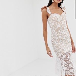 ASOS White all over lace embroidered midi dress with frilly shoulder detail
